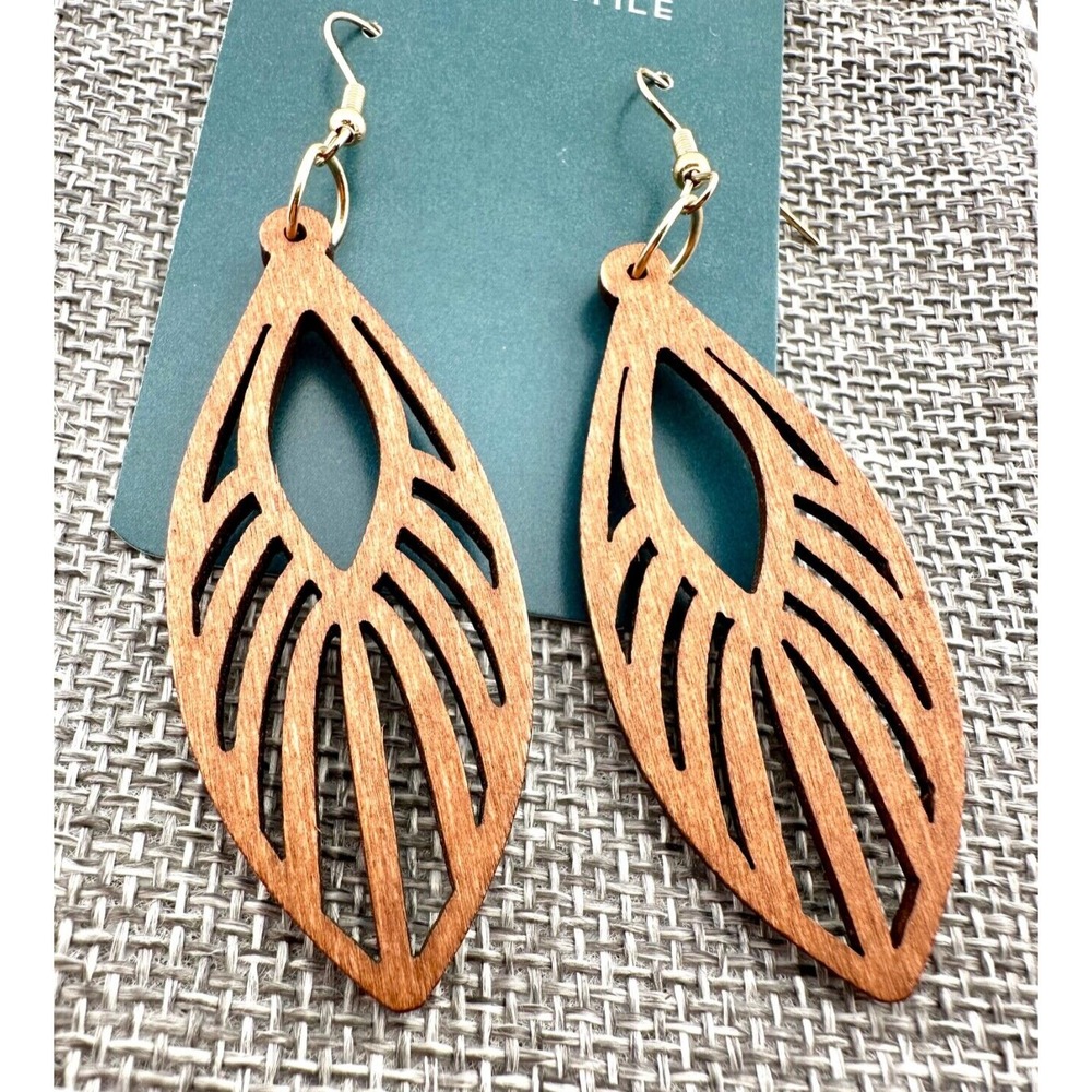 Oval Wood Drop Earrings Chestnut Brown Stained Laser Cut Wood NEW